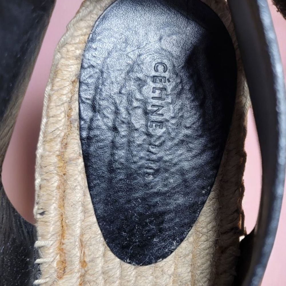 Celine Paris French Girl Crosta Fossil Black Leather Espadrille Wedge Sandals - Picture 6 of 9